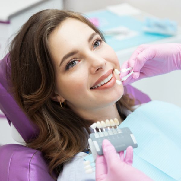 Dentist,Choosing,Teeth,Enamel,Shade,Color,For,Young,Smiling,Female